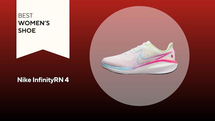 women's nike inifinityRN 4 shoe in bloom colorway on red background